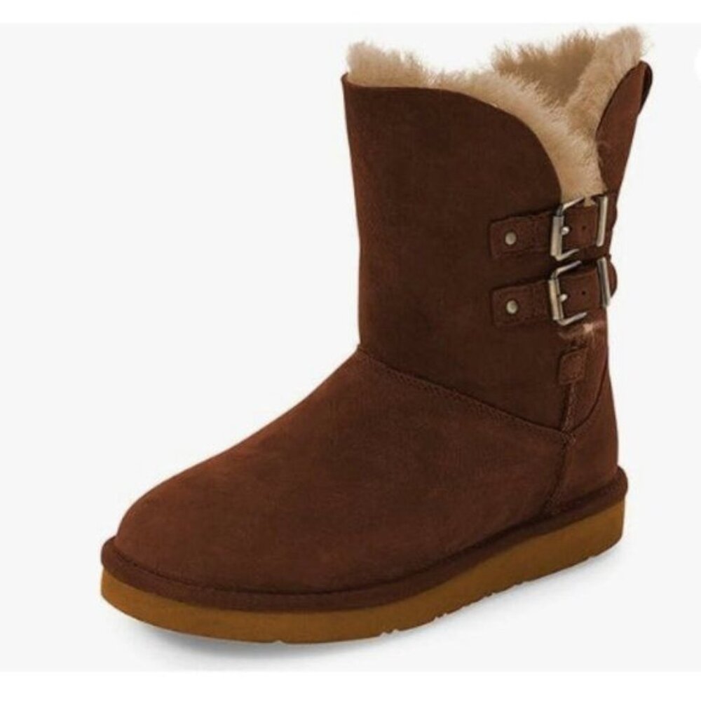 FSJ Women's Mid Calf Fully Fur Lined Snow Boot with Buckles Flat Shoe Brown